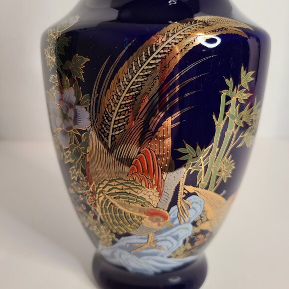 Japanese-Style Vase Cobalt Blue Bird Design Detailed in Gold 10" - Picture 2 of 5